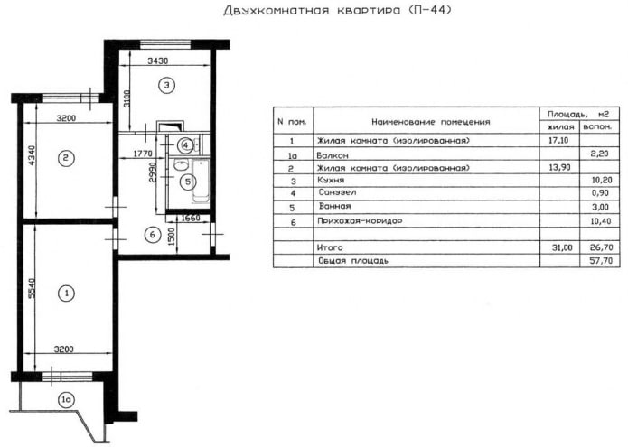 Разпределение на 2-стаен апартамент, серия P-44