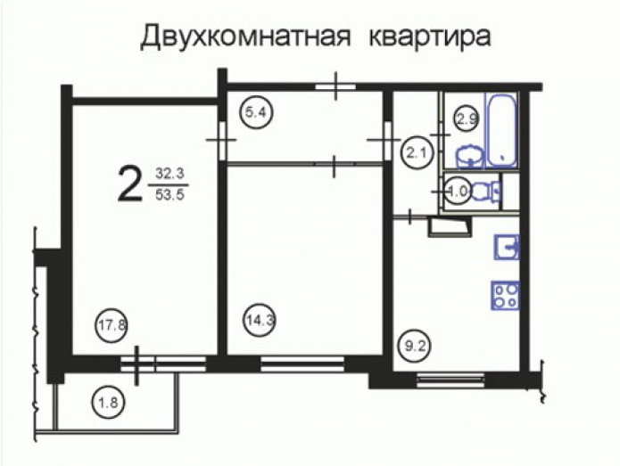 Разпределение на двустаен апартамент серия П-3