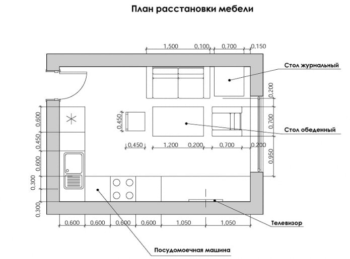 план за разположение на мебелите в кухня-хол