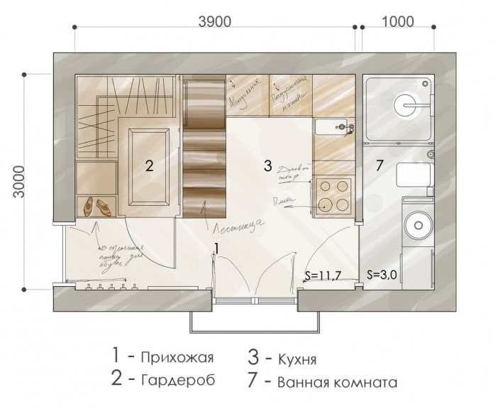 Разпределение на апартамент от 15 кв.м.