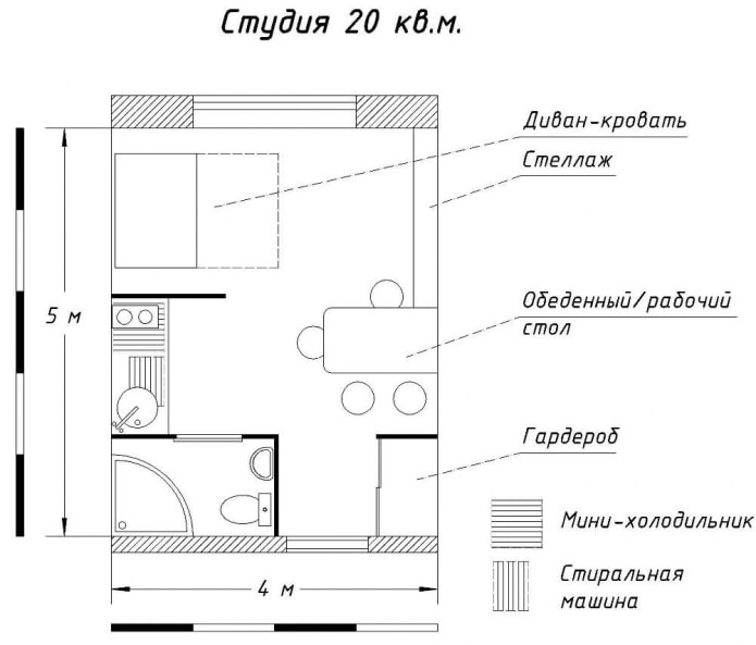 Разпределение на студио 20 кв.м.