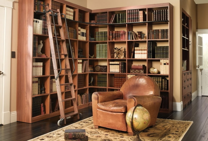 ъглови рафтове за книги в интериора
