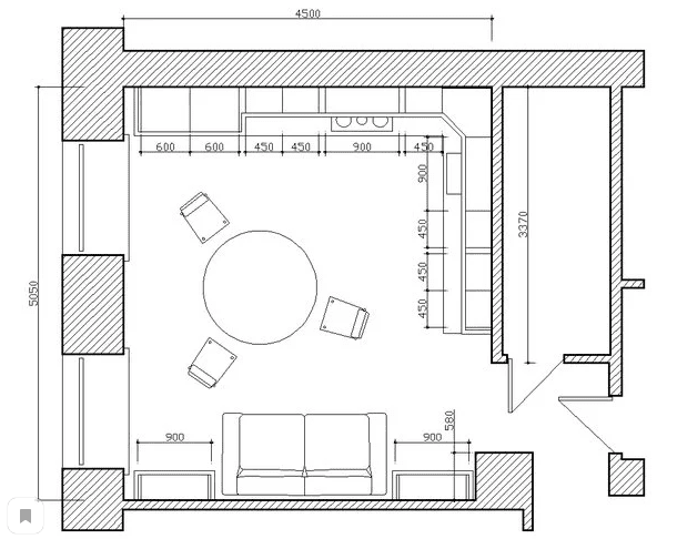 квадратна кухня-всекидневна 16 sq