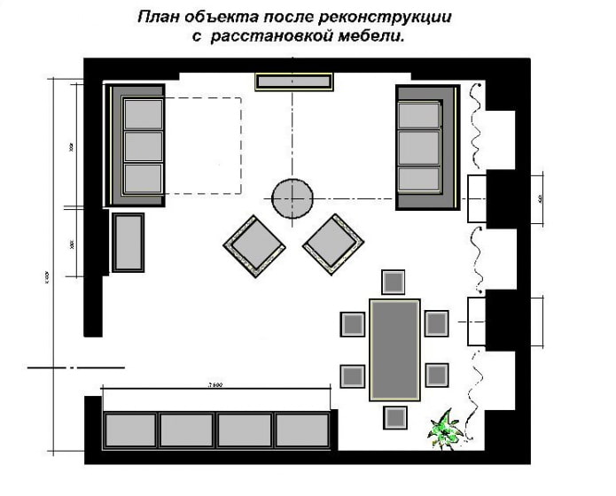 план на квадратна кухня-всекидневна