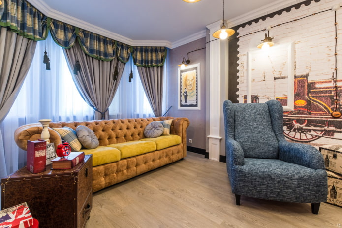 жълт диван Chesterfield в интериора