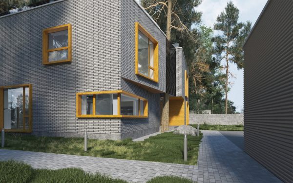 Фасад будинку в стилі модерн з сірої силікатної цегли