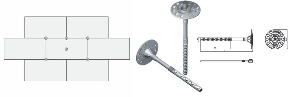 Схема кріплення листа утеплювача за допомогою дюбелів