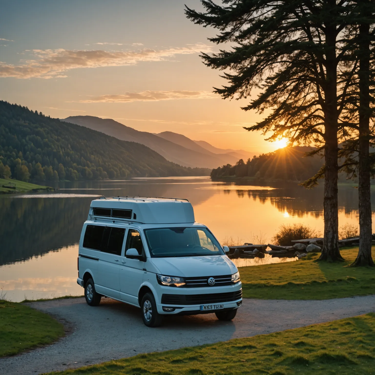 Кемпер VW Transporter, паркиран близо до езеро