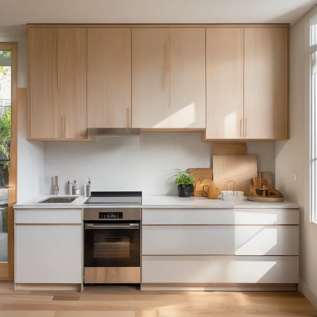 Compact renovation interior organized around a small kitchen zone