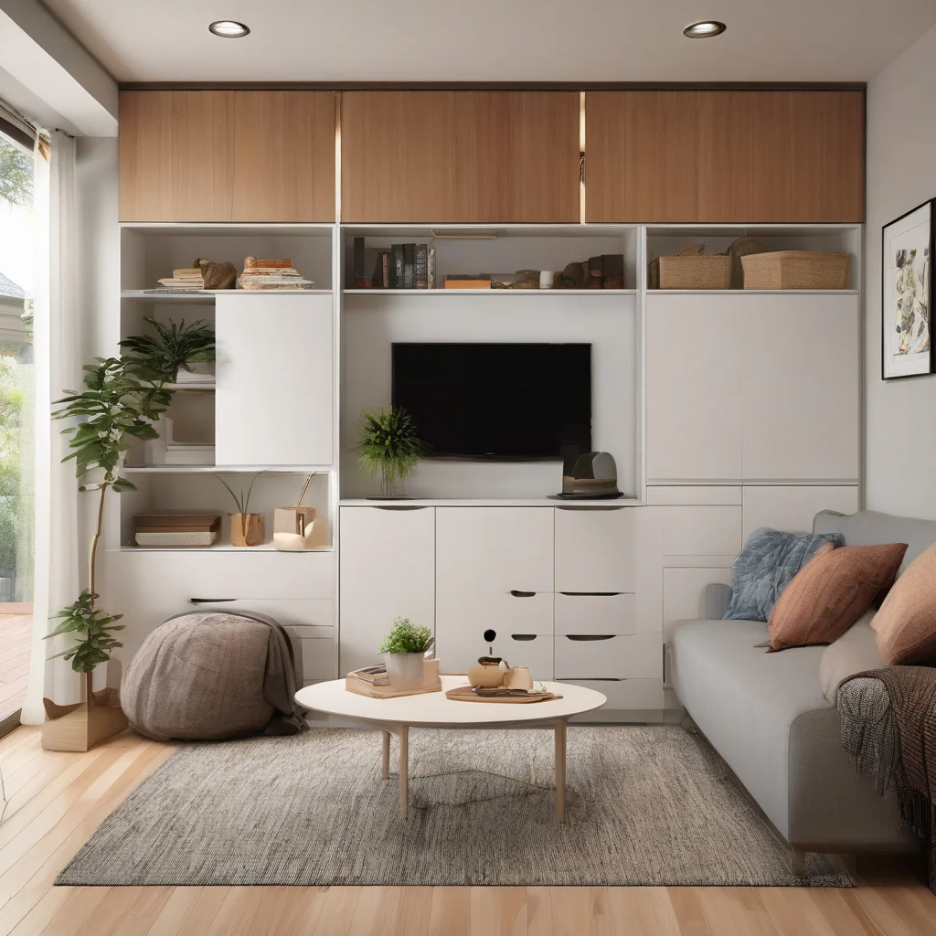 Small dwelling layout organized with space-saving storage features Compact interior with built-in storage integrated into living area