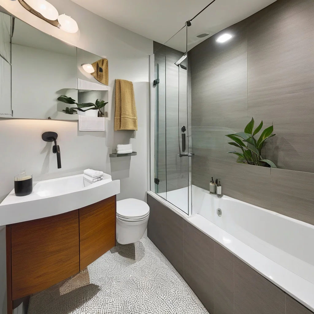 Bright compact bathroom with pale tile and reflective surfaces