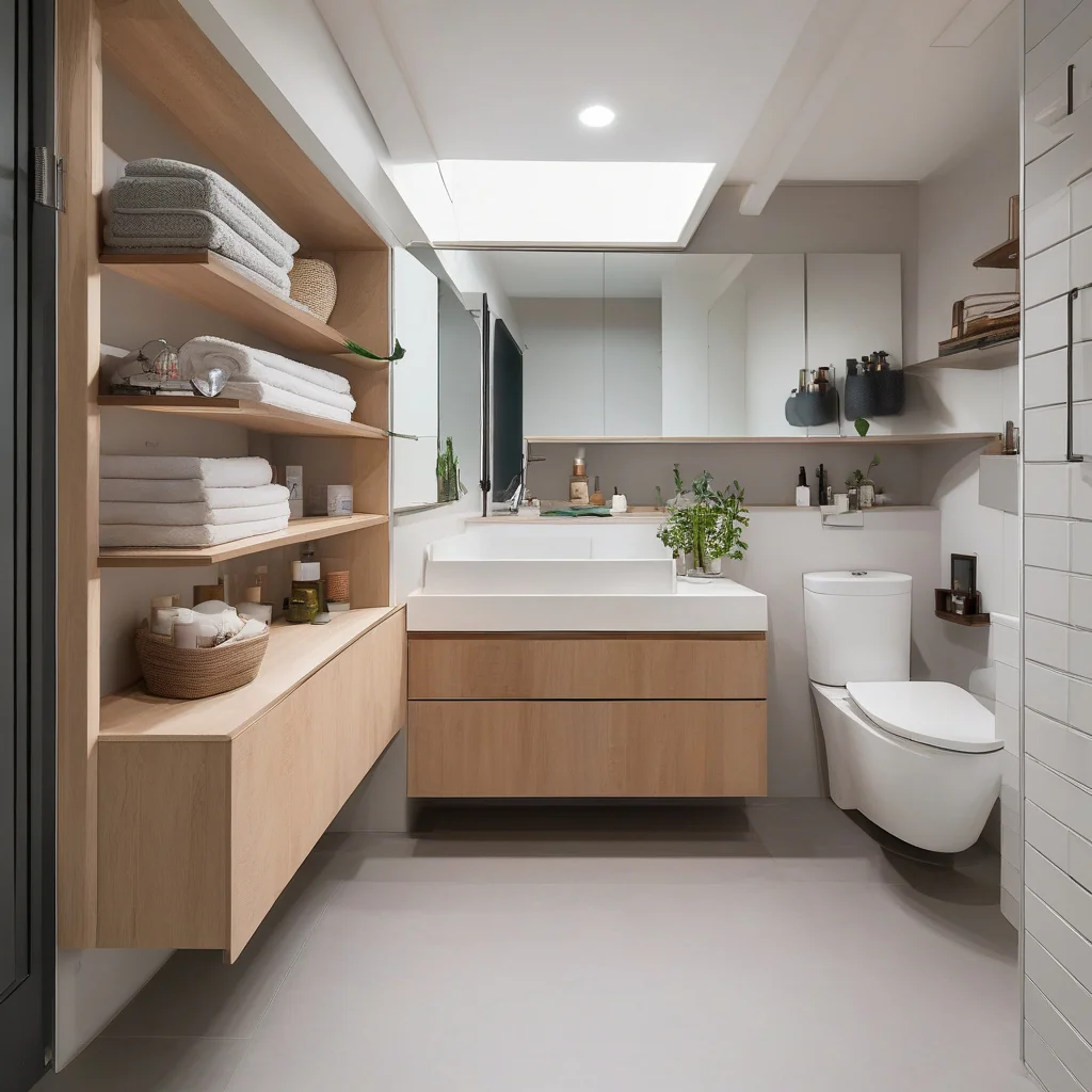 Small bathroom layout divided by a clear glass shower panel