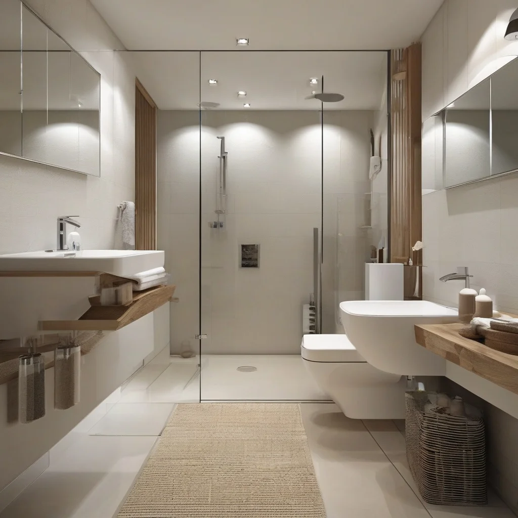 Open curbless shower with coordinated tile and glass panel