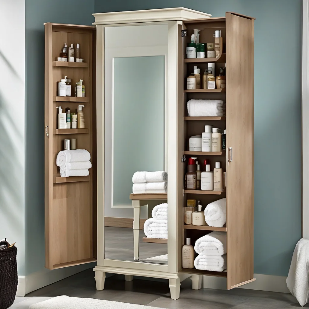 Organized vanity compartments for daily bathroom products Bathroom vanity drawers arranged with removable storage organizers