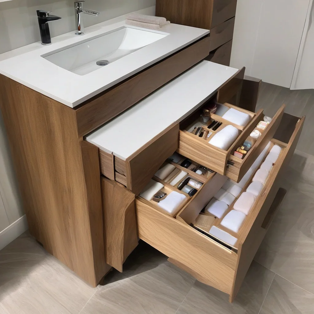 Vertical bathroom storage arranged without blocking circulation Bathroom wall using vertical cabinets and shallow open shelving