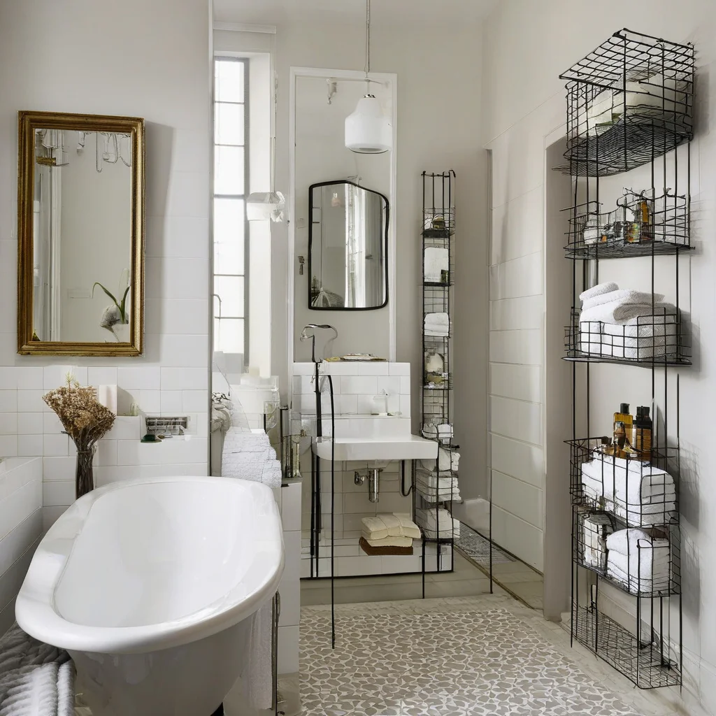 Completed bathroom storage plan with concealed and open zones Finished bathroom with organized vanity wall cabinet and clear floor area