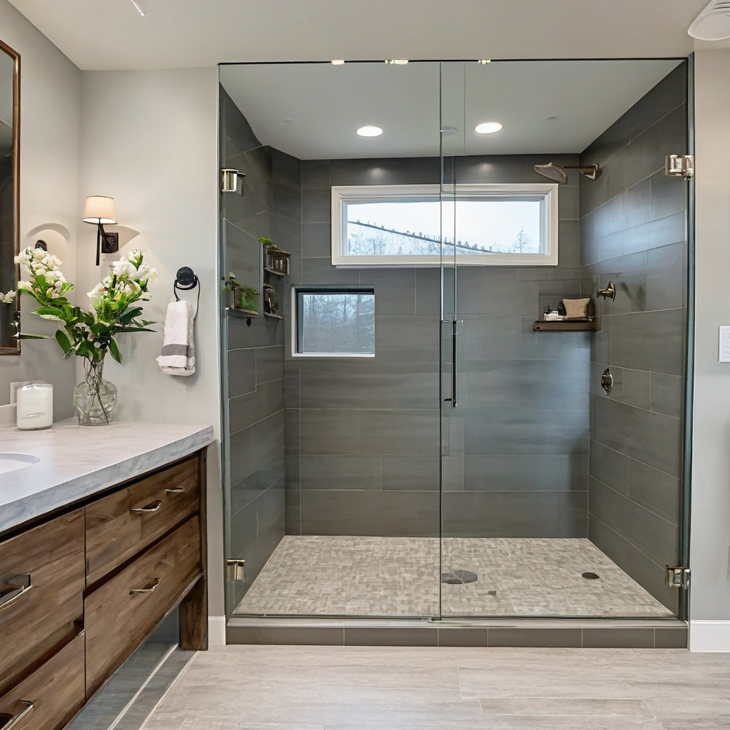 Framed shower door in a modern bathroom
