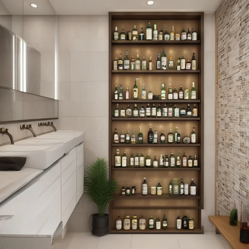 Finished niche designed for practical bottle storage and cleaning Completed shower with coordinated built-in storage