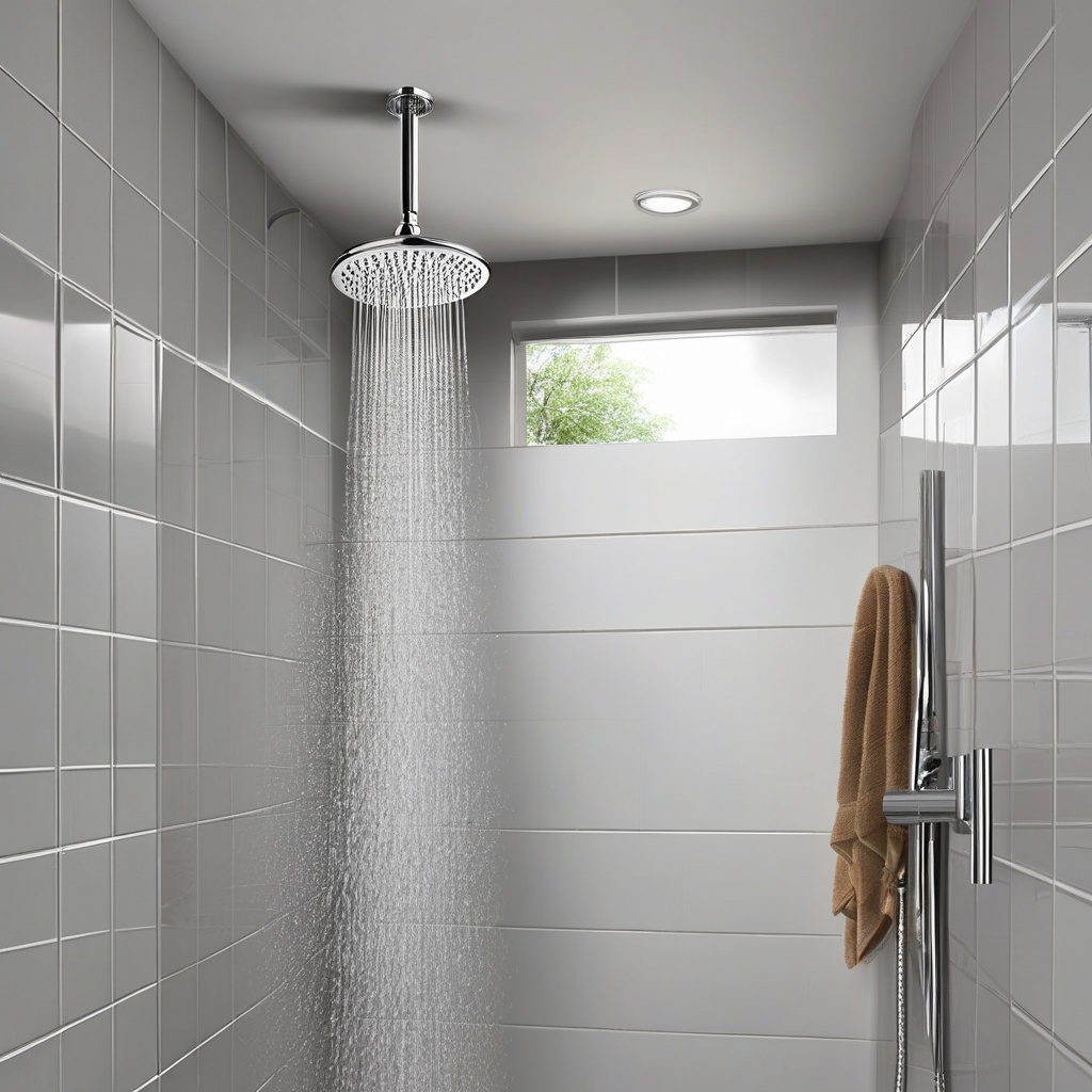 Chrome fixtures glinting under bathroom lights