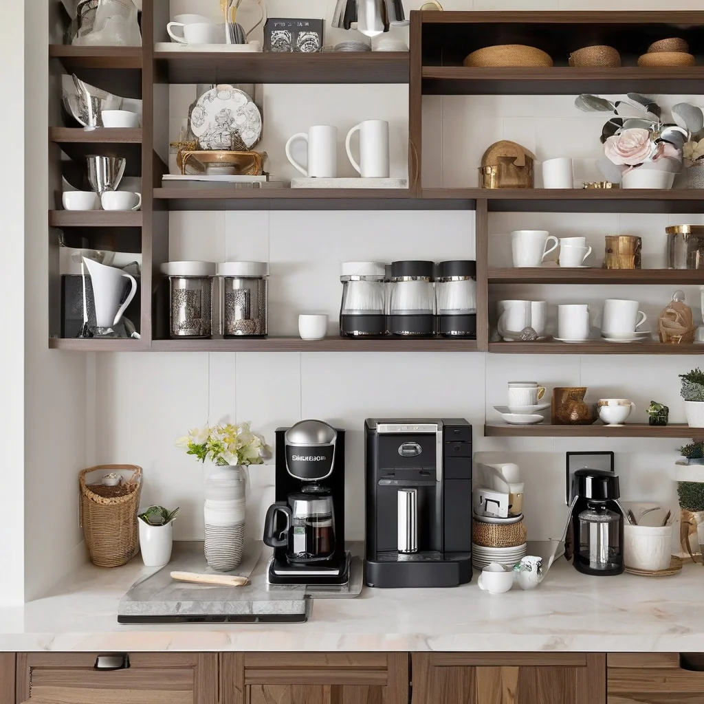Modern kitchen coffee bar with countertop appliances and storage