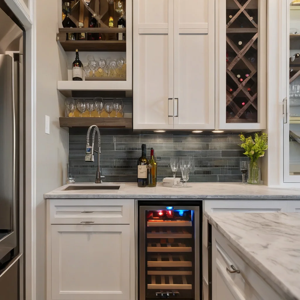 Kitchen beverage station with shelves for mugs and supplies