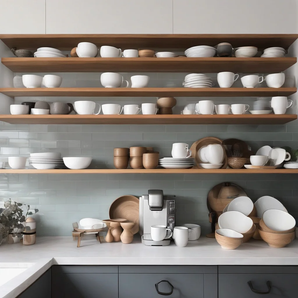 Kitchen combining open wood shelves with closed cabinet storage