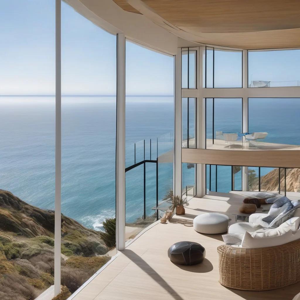 Floor-to-ceiling windows framing a wide coastal landscape