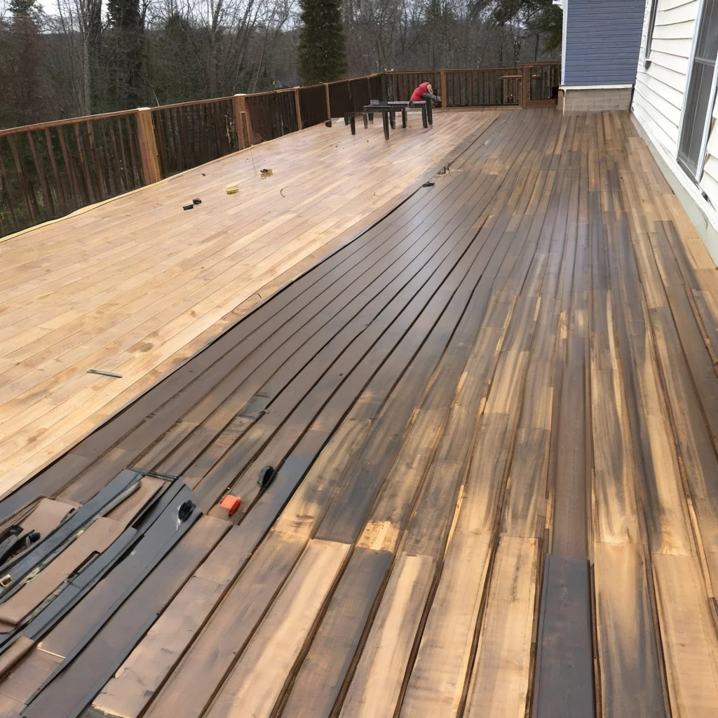 Inspecting deck framing before approving resurfacing Old deck boards removed to expose supporting joists
