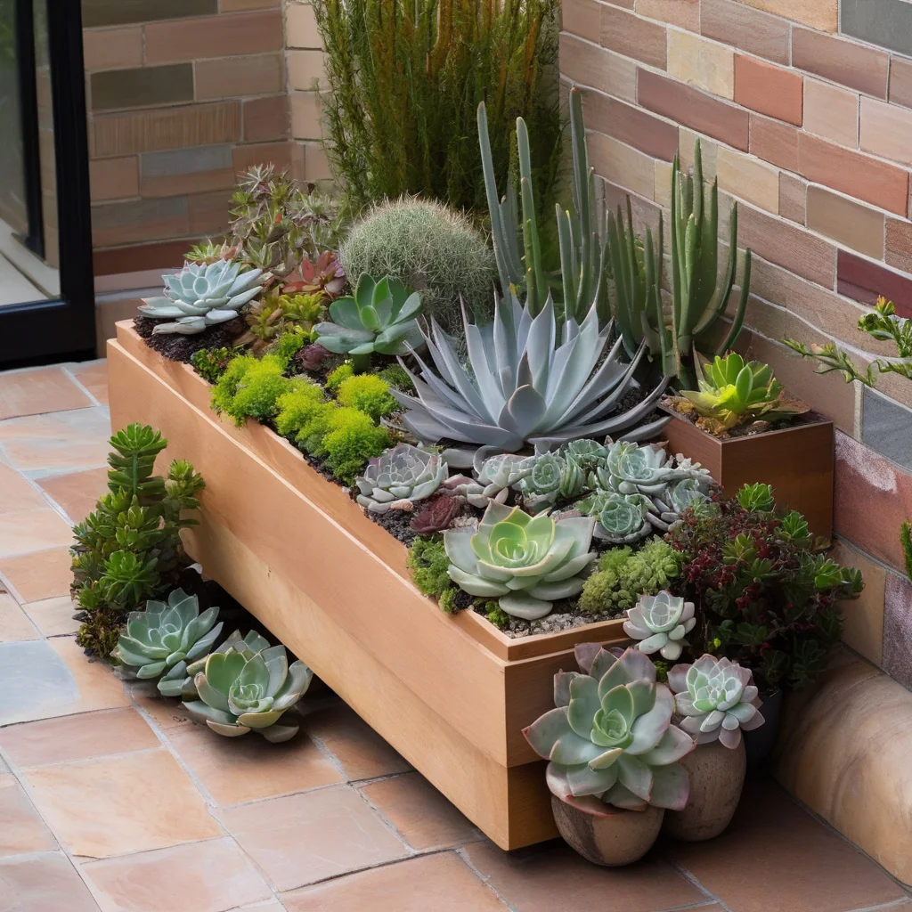 Low-water patio landscaping with shrubs and hardscape