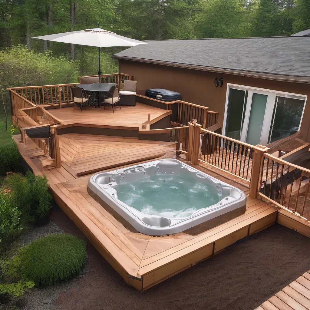 Outdoor hot tub lounge with privacy and clear deck circulation