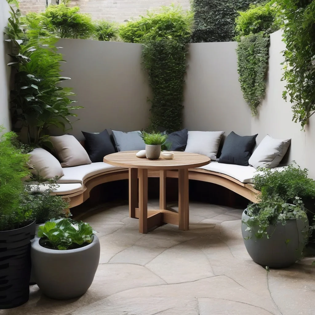 Urban patio with built-in planter walls and permanent seating