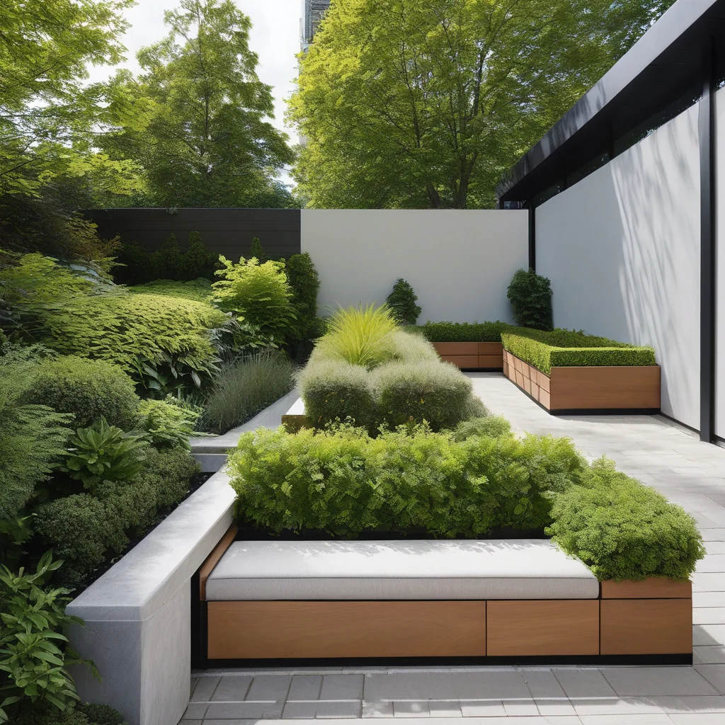 Private patio seating enclosed by planters and vertical greenery