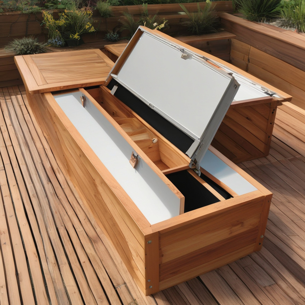 Elegant bench storage on modern deck Elegant bench storage on modern deck