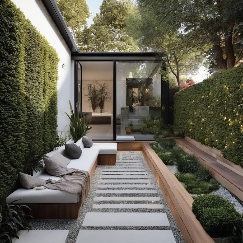 organized outdoor space with balanced width and path narrow backyard layout with clear circulation and seating