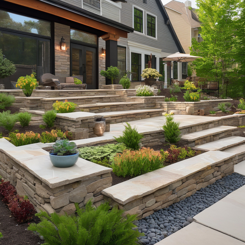 Modern covered patio adjacent to retaining wall