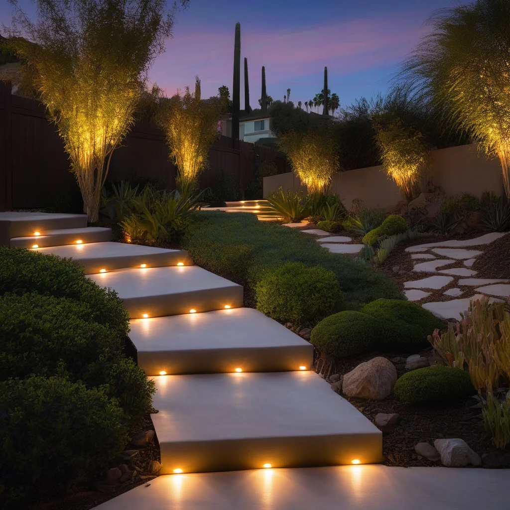 exterior lighting layout around entry and walkway zones