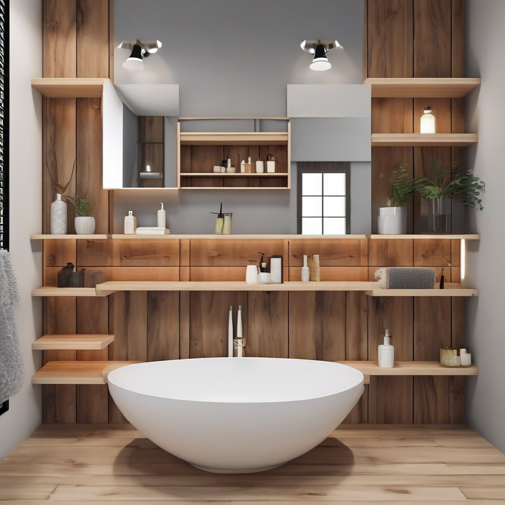 Дерев'яна поличка у ванній кімнаті