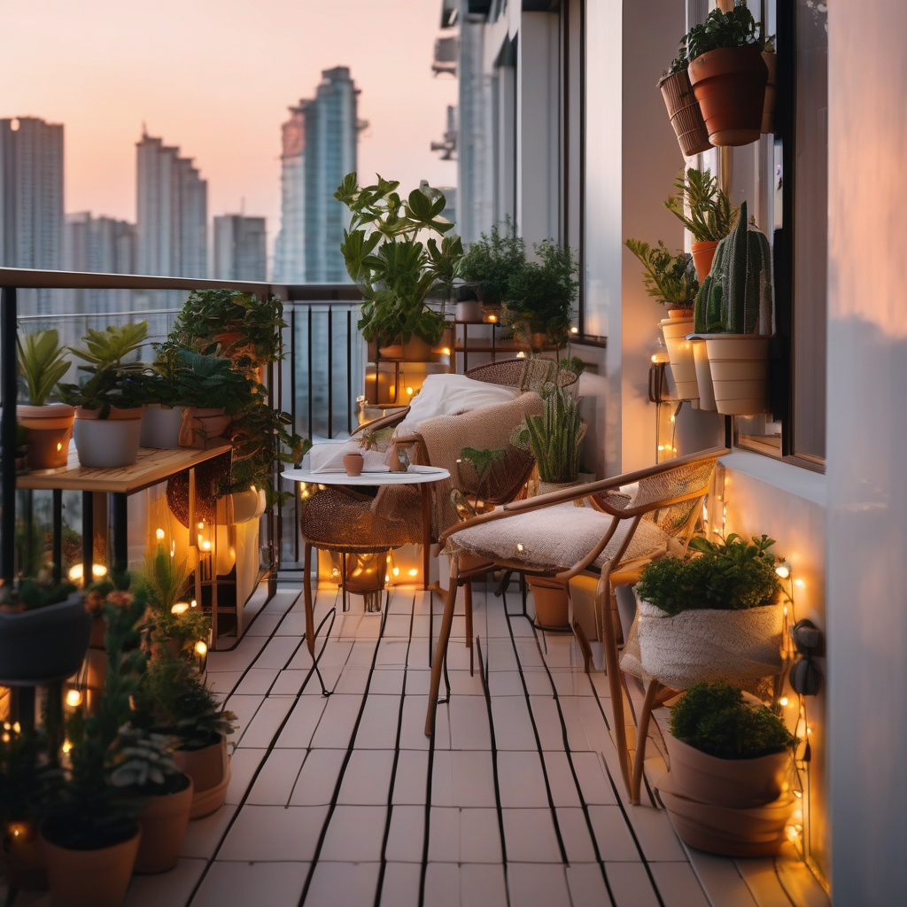 маленький балкон с удобной мебелью и растениями