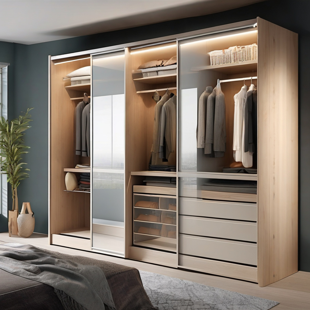 Практична шафа-купе зі скляним фасадом у яскравому міському інтер'єрі