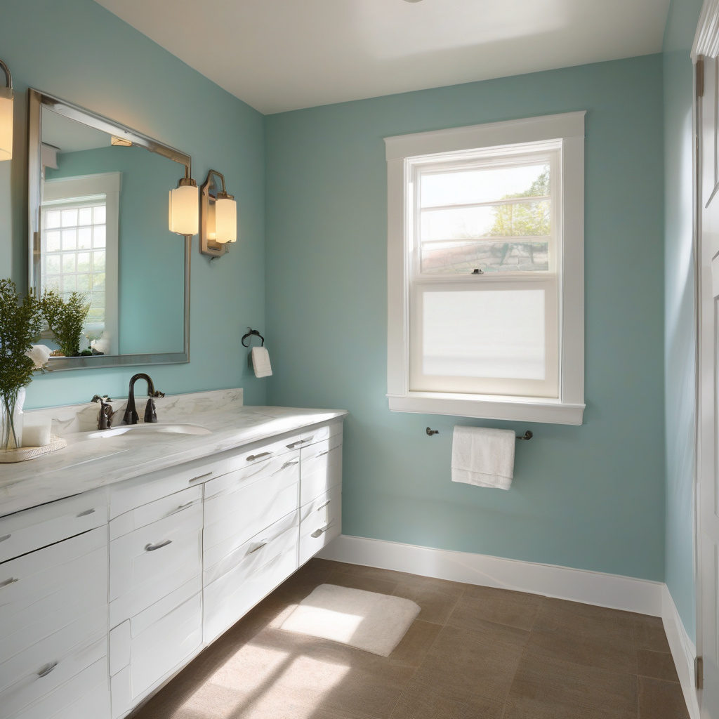 Мастер занимается ремонтом ванной комнаты с выбором краски