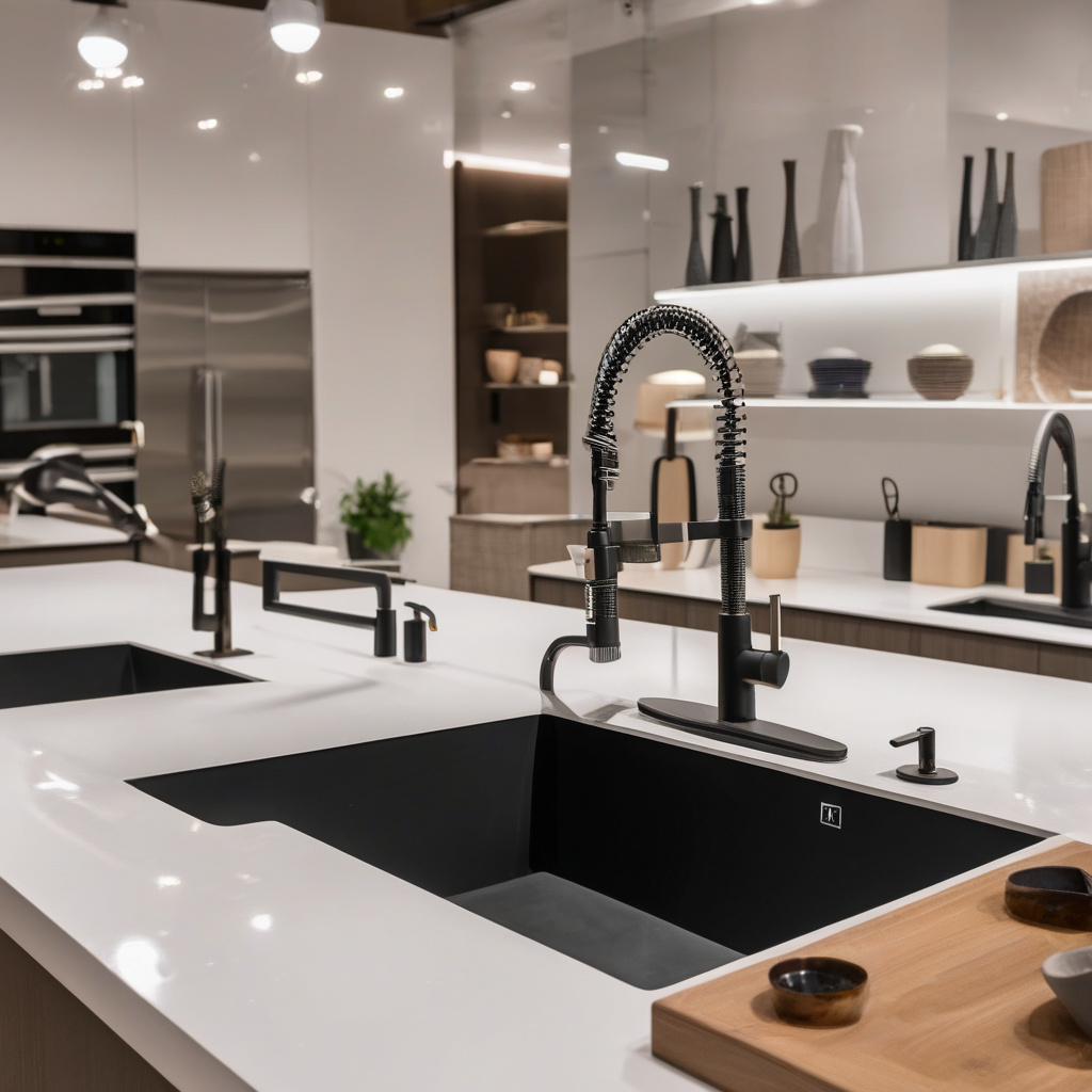 сучасний кухонний кран у робочій зоні, блискуча латунь