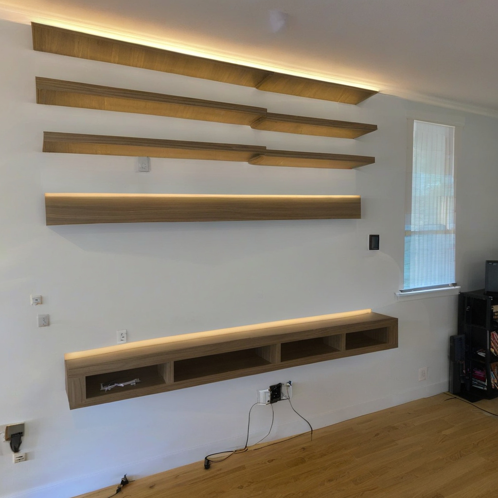 Полиці з LED-підсвіткою у сучасному інтер'єрі кухні з натурального дерева