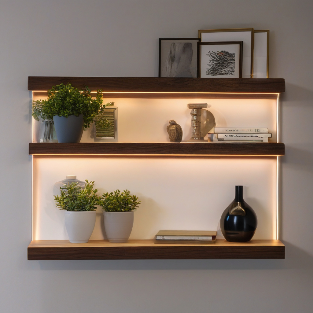 Яскравий приклад полиці з підсвіткою: сучасна вітальня з деревом і прозорим склом