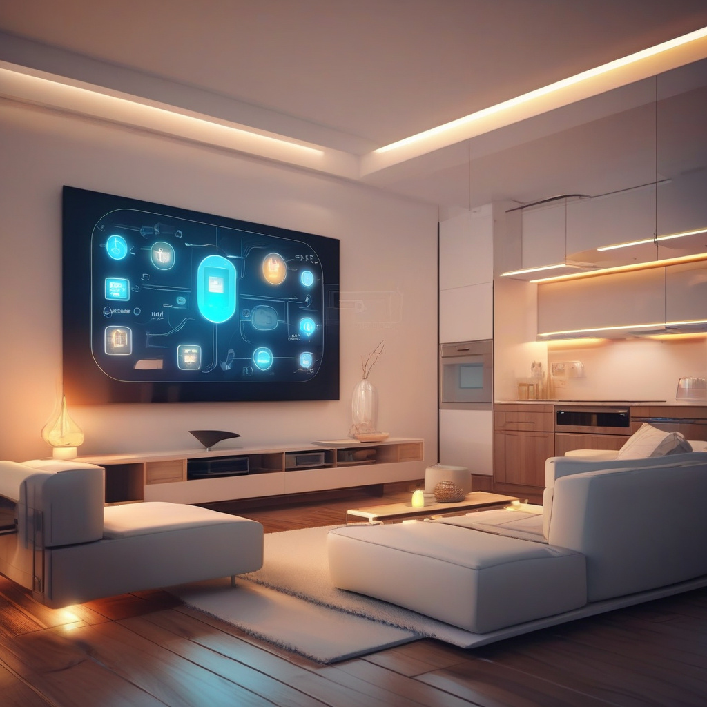 Сучасна панель керування системою розумного будинку на фоні вітальні