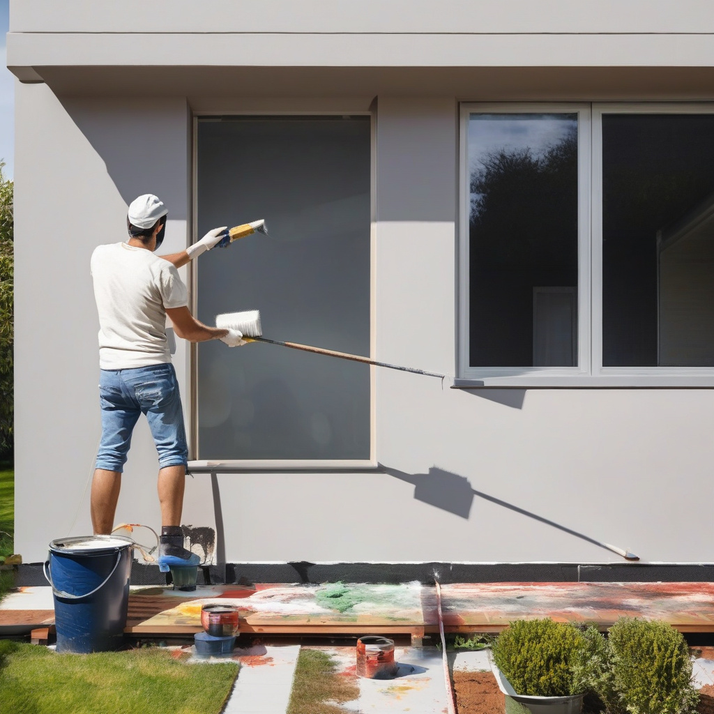 Мастер наносит фасадную краску на стену