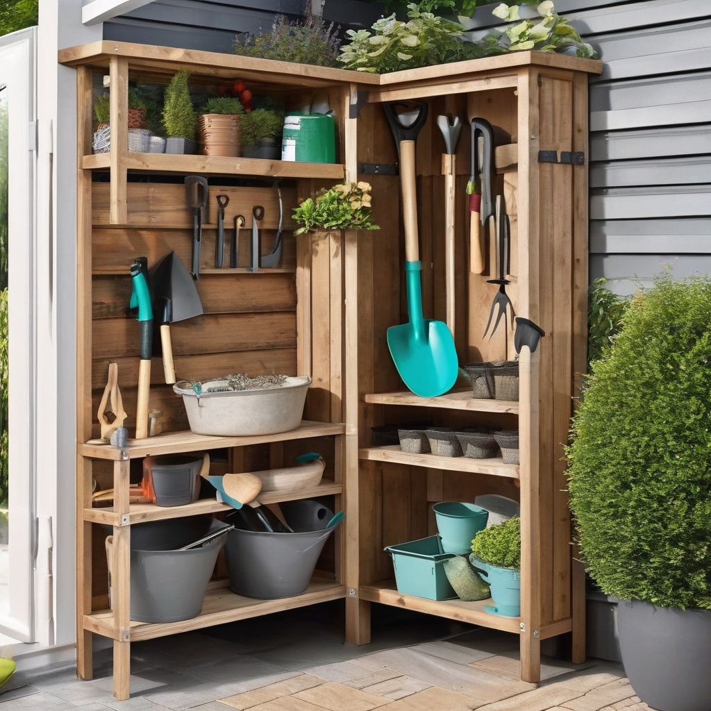 Гачкова організація для садових інструментів у коморі Гачки та полиці в організаційній системі для інвентарю