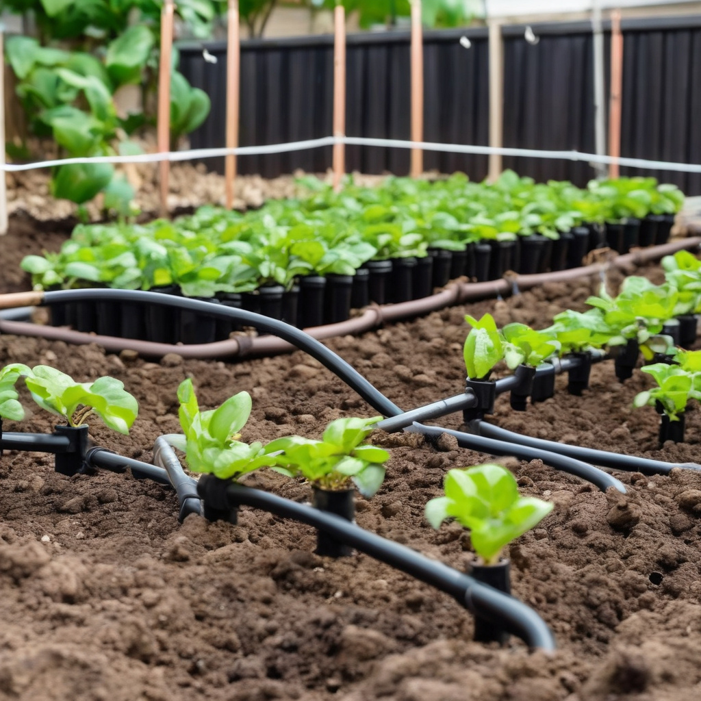 Система крапельного поливу на городі, крапельниці серед зелені