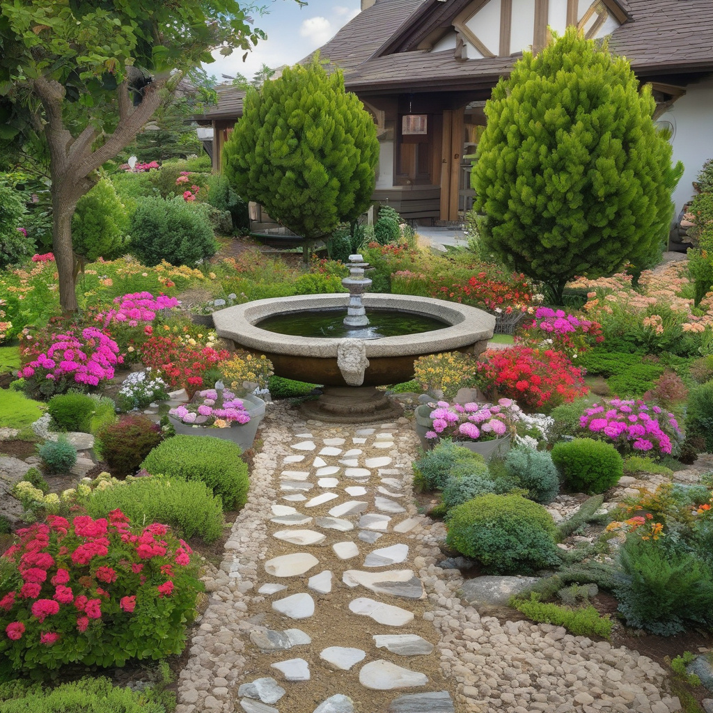 Декоративна клумба з багаторічними квітами під час заходу сонця на дачній ділянці