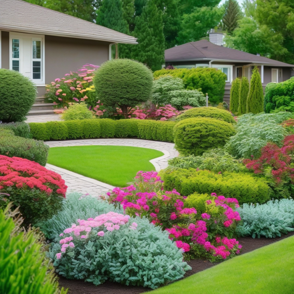 Кущі іриса та хости на тлі кам'яної доріжки дачної ділянки