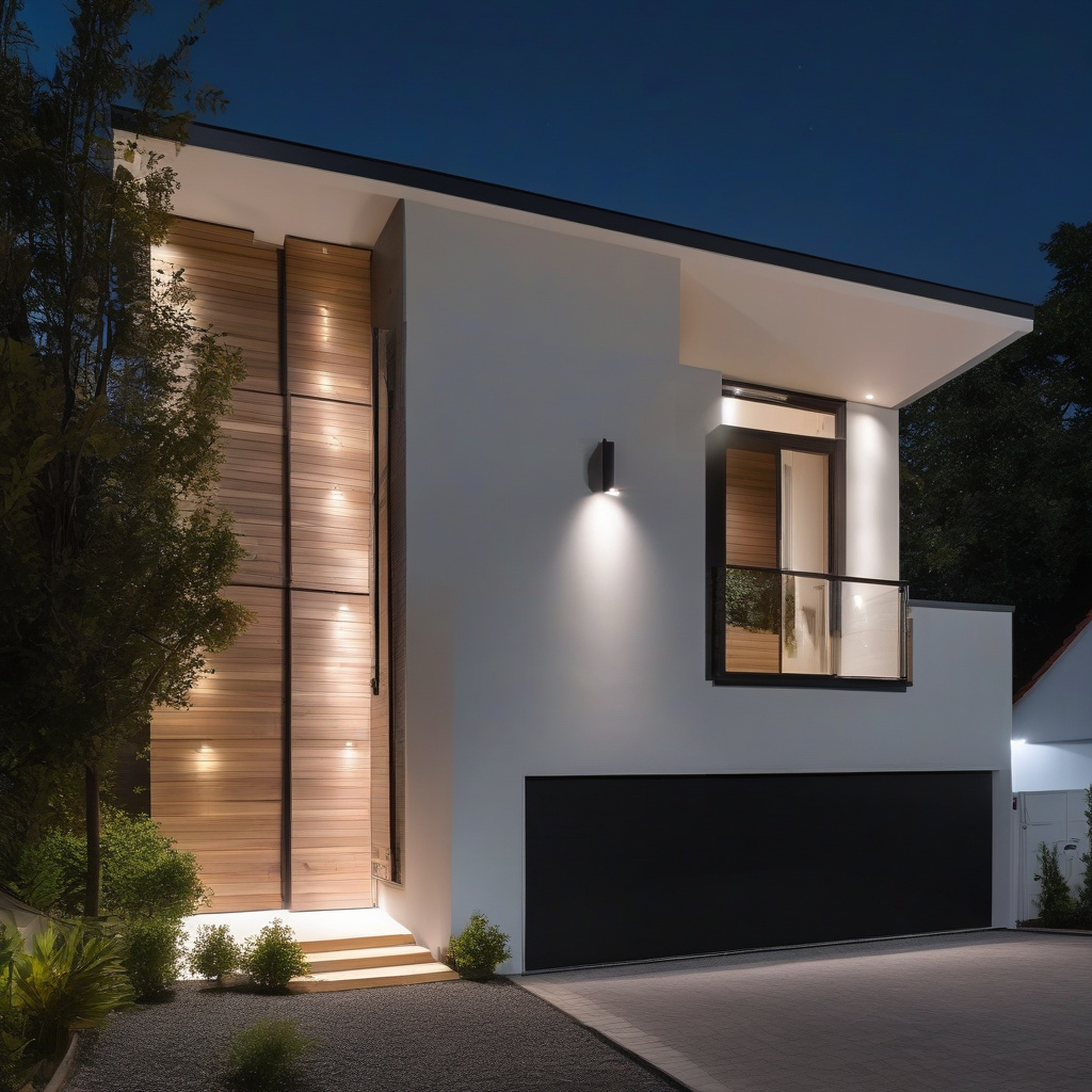 Яскраве сучасне фасадне освітлення на будинку вночі